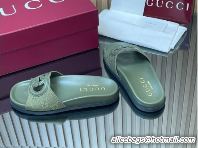 Shop Duplicate Gucci GG Canvas Interlocking G Flat Slides Sandal GG030502 Green 2026