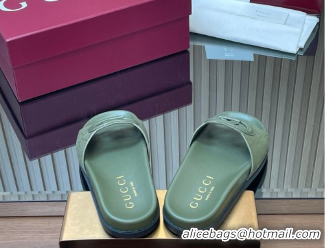 Shop Duplicate Gucci GG Canvas Interlocking G Flat Slides Sandal GG030502 Green 2026