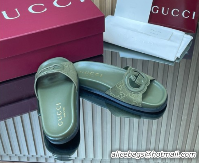 Shop Duplicate Gucci GG Canvas Interlocking G Flat Slides Sandal GG030502 Green 2026