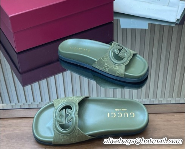 Shop Duplicate Gucci GG Canvas Interlocking G Flat Slides Sandal GG030502 Green 2026