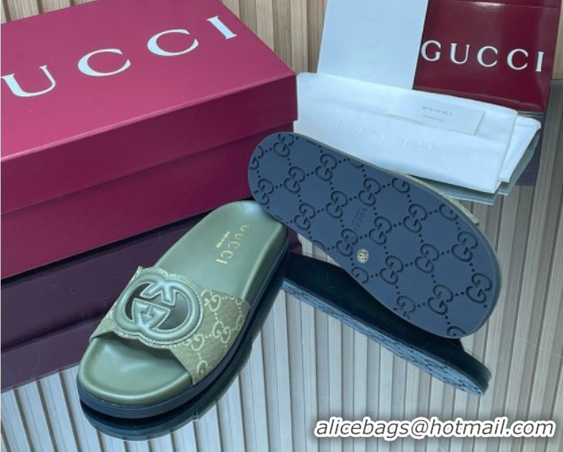Shop Duplicate Gucci GG Canvas Interlocking G Flat Slides Sandal GG030502 Green 2026