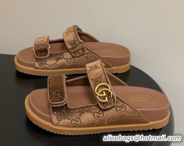 Good Quality Gucci Strass and Velvet Flat Slides Sandal with Strap Gold-Tone GG030501 2026