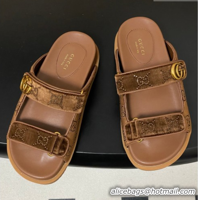Good Quality Gucci Strass and Velvet Flat Slides Sandal with Strap Gold-Tone GG030501 2026
