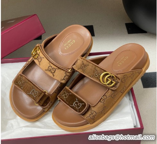 Good Quality Gucci Strass and Velvet Flat Slides Sandal with Strap Gold-Tone GG030501 2026