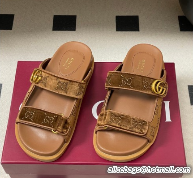 Good Quality Gucci Strass and Velvet Flat Slides Sandal with Strap Gold-Tone GG030501 2026