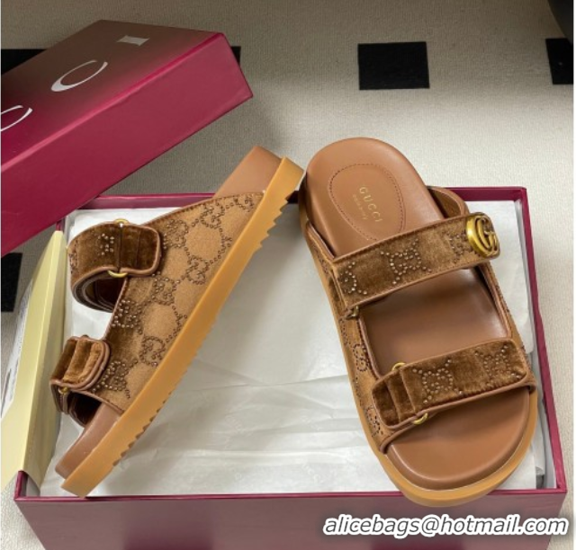 Good Quality Gucci Strass and Velvet Flat Slides Sandal with Strap Gold-Tone GG030501 2026