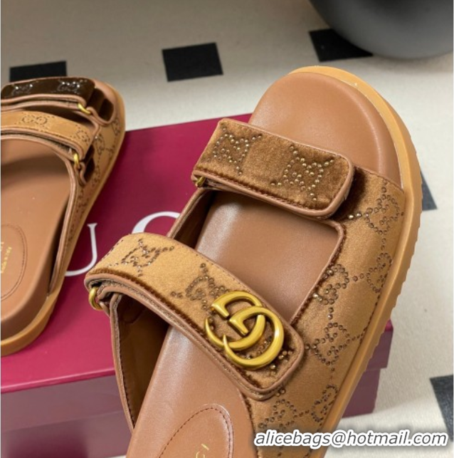 Good Quality Gucci Strass and Velvet Flat Slides Sandal with Strap Gold-Tone GG030501 2026