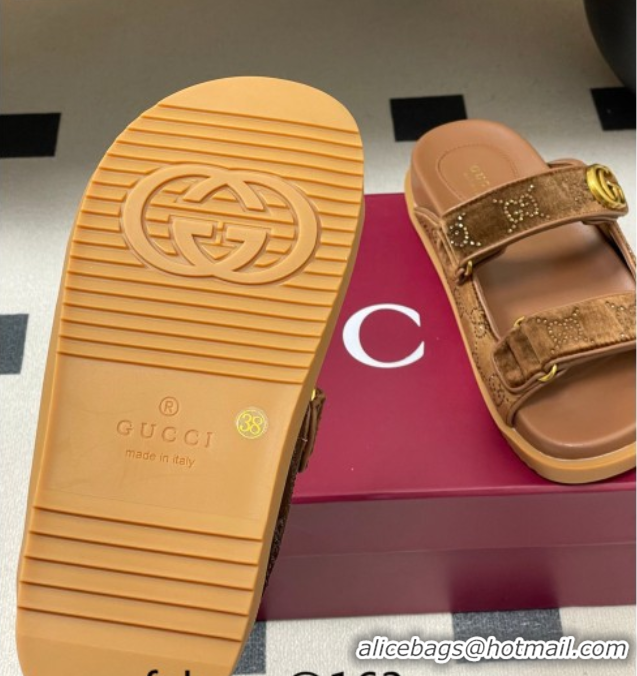 Good Quality Gucci Strass and Velvet Flat Slides Sandal with Strap Gold-Tone GG030501 2026