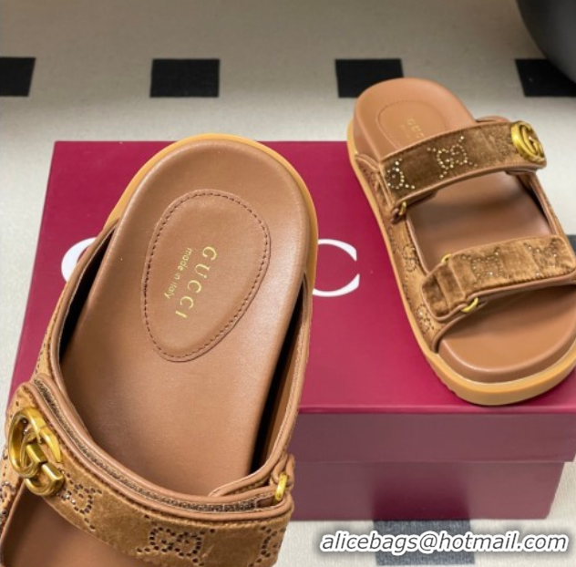 Good Quality Gucci Strass and Velvet Flat Slides Sandal with Strap Gold-Tone GG030501 2026
