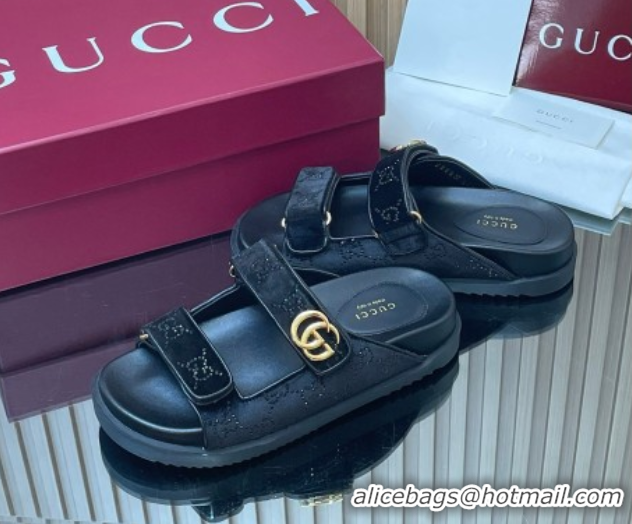 Duplicate Gucci Strass and Velvet Flat Slides Sandal with Strap Black GG030501 2026