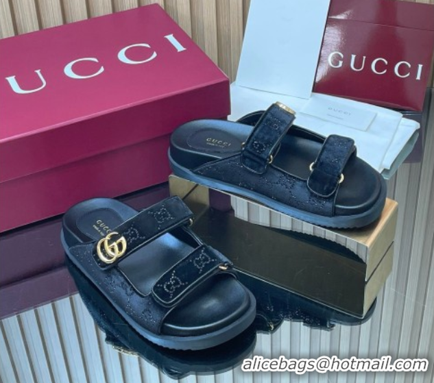 Duplicate Gucci Strass and Velvet Flat Slides Sandal with Strap Black GG030501 2026