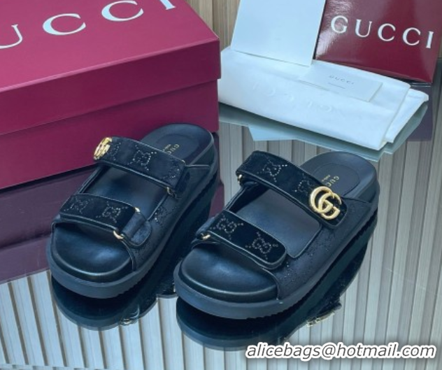 Duplicate Gucci Strass and Velvet Flat Slides Sandal with Strap Black GG030501 2026