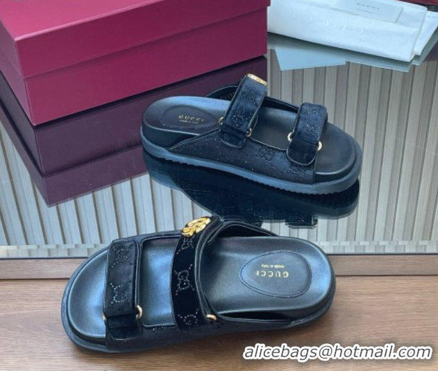Duplicate Gucci Strass and Velvet Flat Slides Sandal with Strap Black GG030501 2026