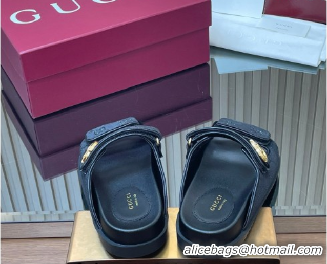 Duplicate Gucci Strass and Velvet Flat Slides Sandal with Strap Black GG030501 2026