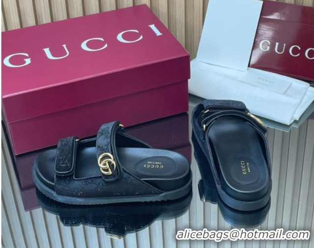 Duplicate Gucci Strass and Velvet Flat Slides Sandal with Strap Black GG030501 2026
