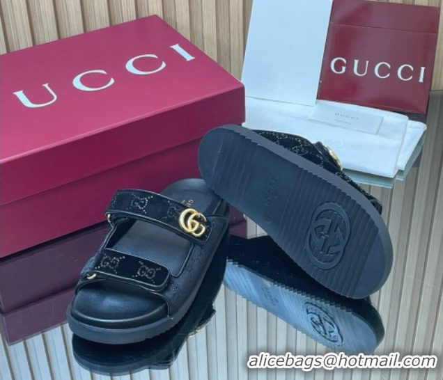 Duplicate Gucci Strass and Velvet Flat Slides Sandal with Strap Black GG030501 2026