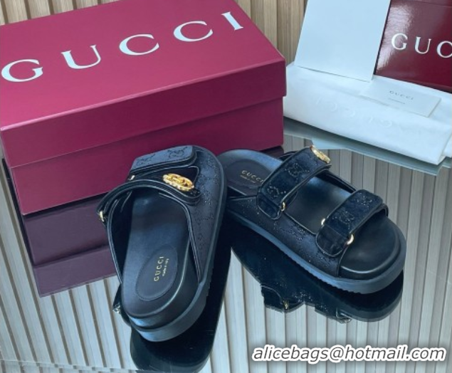 Duplicate Gucci Strass and Velvet Flat Slides Sandal with Strap Black GG030501 2026