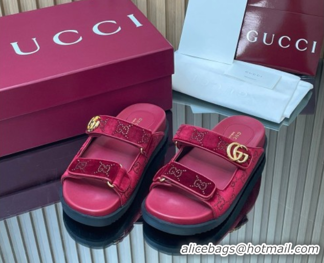 Sophisticated Gucci Strass and Velvet Flat Slides Sandal with Strap Red GG030501 2026