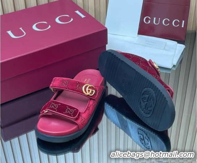 Sophisticated Gucci Strass and Velvet Flat Slides Sandal with Strap Red GG030501 2026