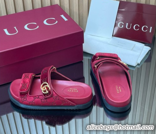 Sophisticated Gucci Strass and Velvet Flat Slides Sandal with Strap Red GG030501 2026
