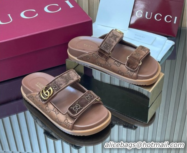 Grade Quality Gucci Strass and Velvet Flat Slides Sandal with Strap Brown GG030501 2026