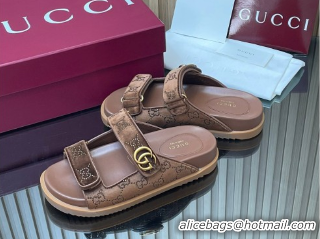 Grade Quality Gucci Strass and Velvet Flat Slides Sandal with Strap Brown GG030501 2026