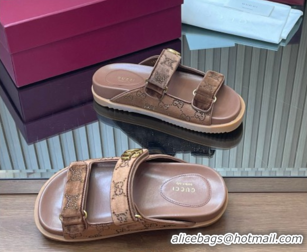 Grade Quality Gucci Strass and Velvet Flat Slides Sandal with Strap Brown GG030501 2026