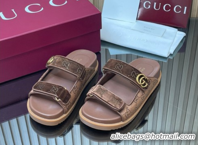 Grade Quality Gucci Strass and Velvet Flat Slides Sandal with Strap Brown GG030501 2026