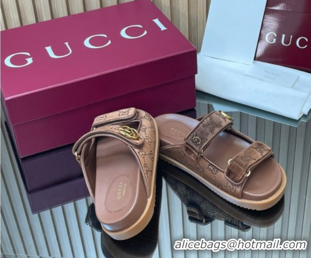 Grade Quality Gucci Strass and Velvet Flat Slides Sandal with Strap Brown GG030501 2026