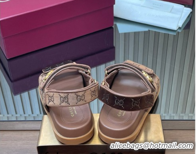 Sumptuous Gucci Strass and Velvet Flat Sandals with Strap Brown GG030501 2026