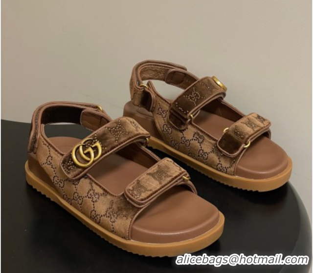 Hot Style Gucci Strass and Velvet Flat Sandals with Strap Gold-Tone GG030501 2026