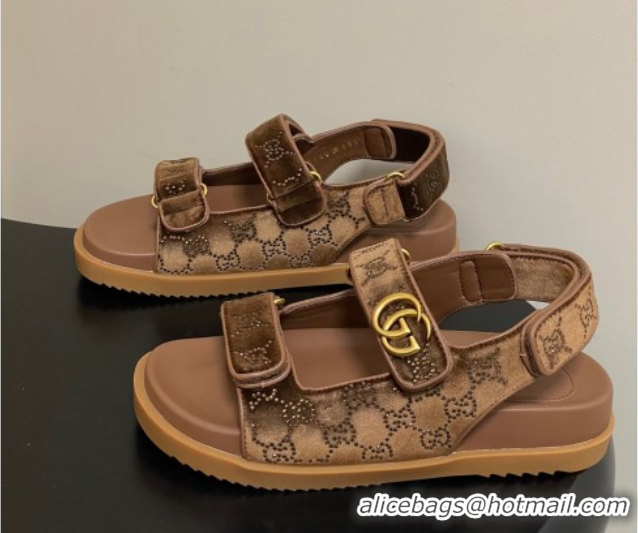 Hot Style Gucci Strass and Velvet Flat Sandals with Strap Gold-Tone GG030501 2026