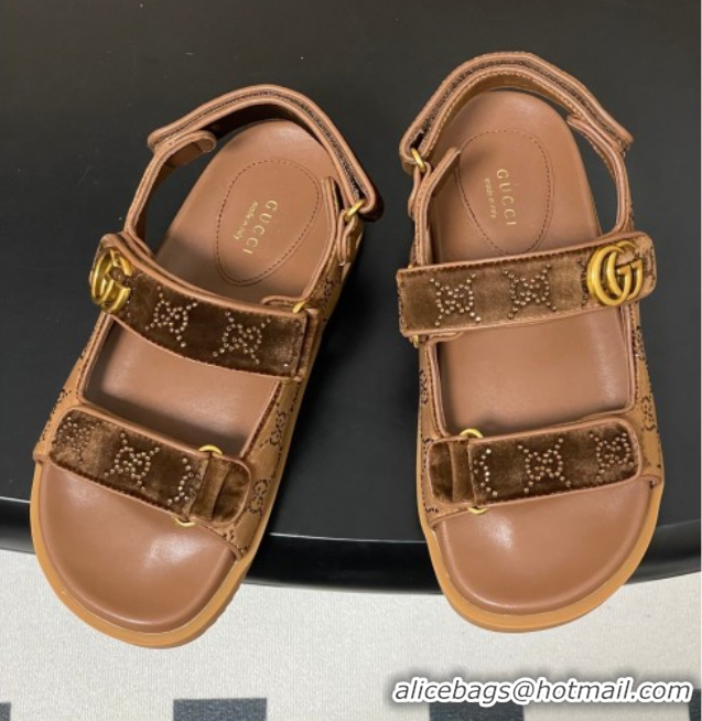 Hot Style Gucci Strass and Velvet Flat Sandals with Strap Gold-Tone GG030501 2026