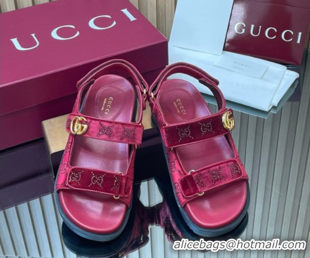 Purchase Gucci Strass and Velvet Flat Sandals with Strap Red GG030501 2026