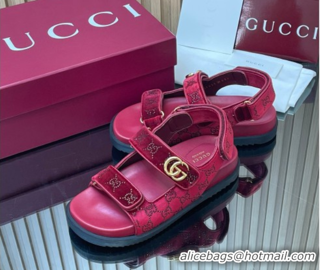 Purchase Gucci Strass and Velvet Flat Sandals with Strap Red GG030501 2026