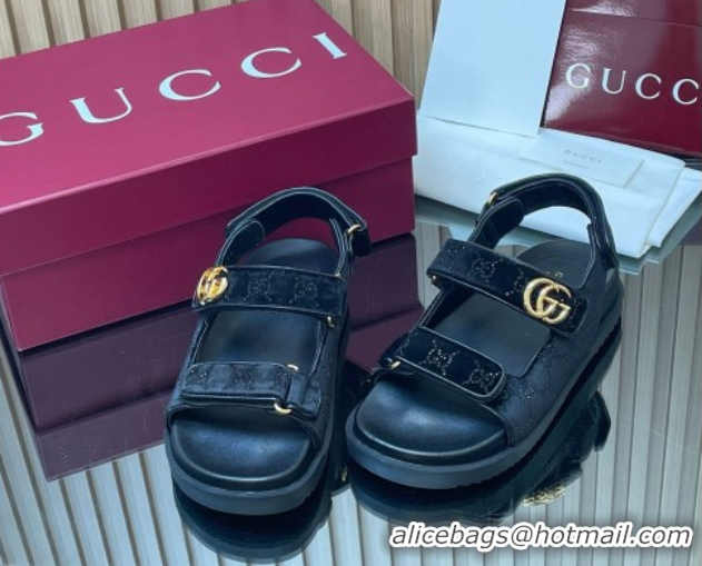 Best Grade Gucci Strass and Velvet Flat Sandals with Strap Black GG030501 2026