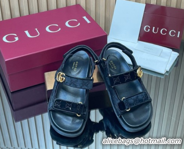 Best Grade Gucci Strass and Velvet Flat Sandals with Strap Black GG030501 2026