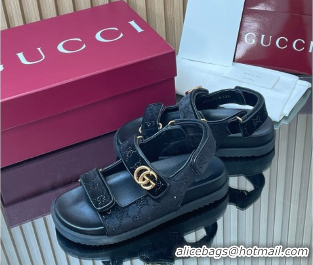 Best Grade Gucci Strass and Velvet Flat Sandals with Strap Black GG030501 2026