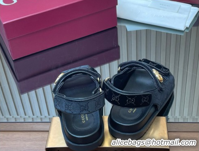Best Grade Gucci Strass and Velvet Flat Sandals with Strap Black GG030501 2026