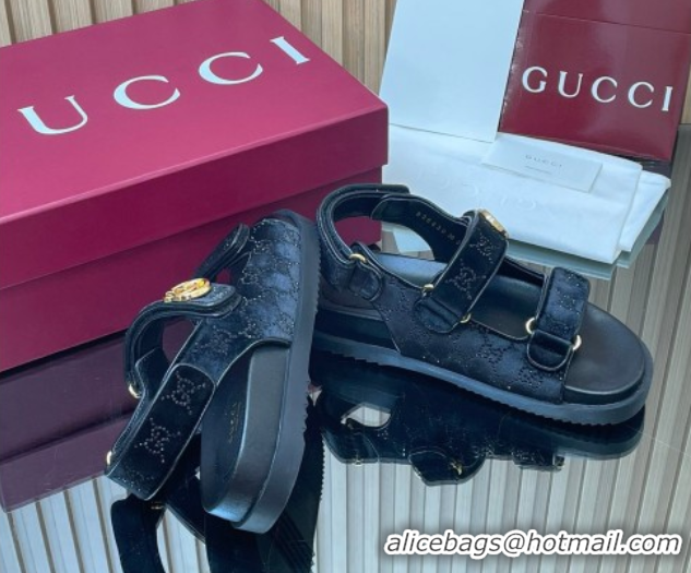 Best Grade Gucci Strass and Velvet Flat Sandals with Strap Black GG030501 2026
