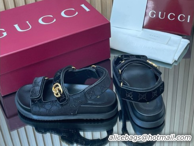 Best Grade Gucci Strass and Velvet Flat Sandals with Strap Black GG030501 2026