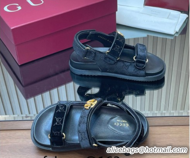 Best Grade Gucci Strass and Velvet Flat Sandals with Strap Black GG030501 2026