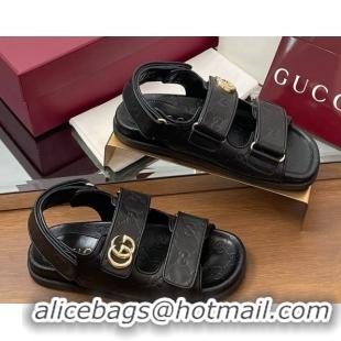 Low Price Gucci GG Leather Flat Sandals with Strap Black GG030501 2026