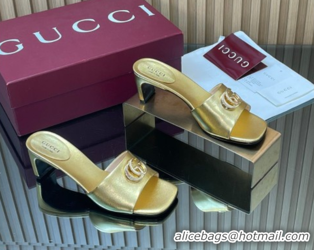 Luxurious Gucci Calfskin Leather Heel Slides Sandal 5.5cm Gold GG030503 2026