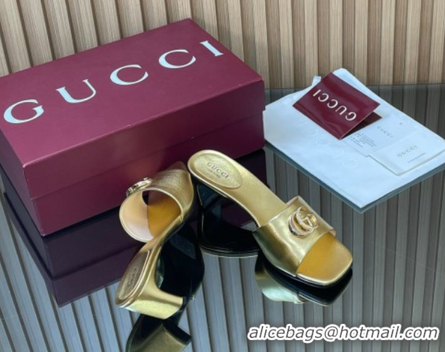 Luxurious Gucci Calfskin Leather Heel Slides Sandal 5.5cm Gold GG030503 2026