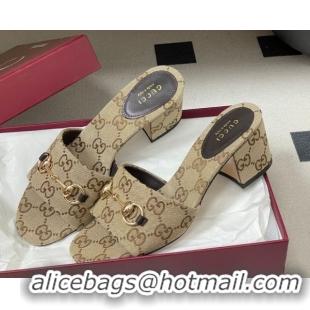 Good Product Gucci GG Canvas Heel Slides Sandal 5.5cm with Horsebit 8548829 Beige 2026