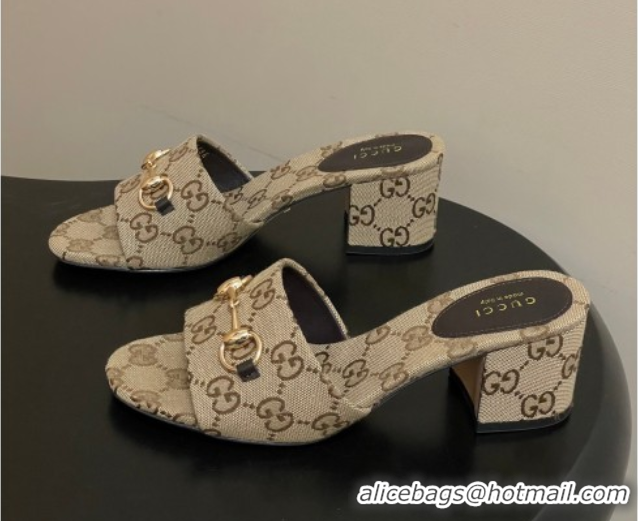 Good Product Gucci GG Canvas Heel Slides Sandal 5.5cm with Horsebit 8548829 Beige 2026