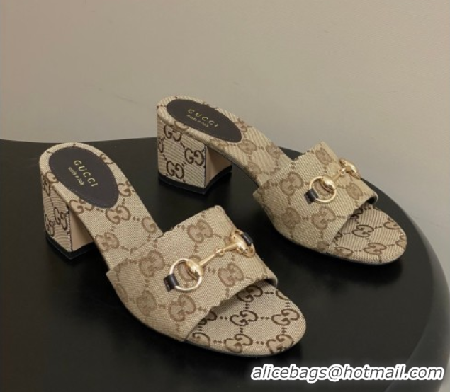 Good Product Gucci GG Canvas Heel Slides Sandal 5.5cm with Horsebit 8548829 Beige 2026