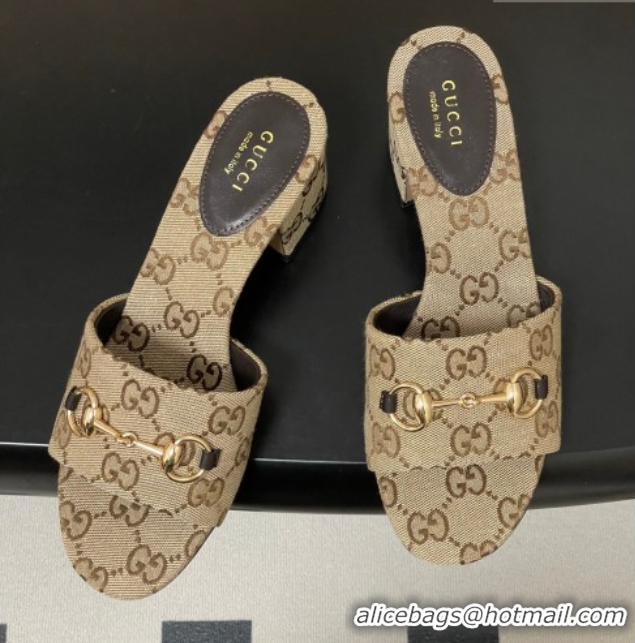 Good Product Gucci GG Canvas Heel Slides Sandal 5.5cm with Horsebit 8548829 Beige 2026