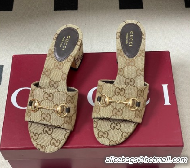 Good Product Gucci GG Canvas Heel Slides Sandal 5.5cm with Horsebit 8548829 Beige 2026